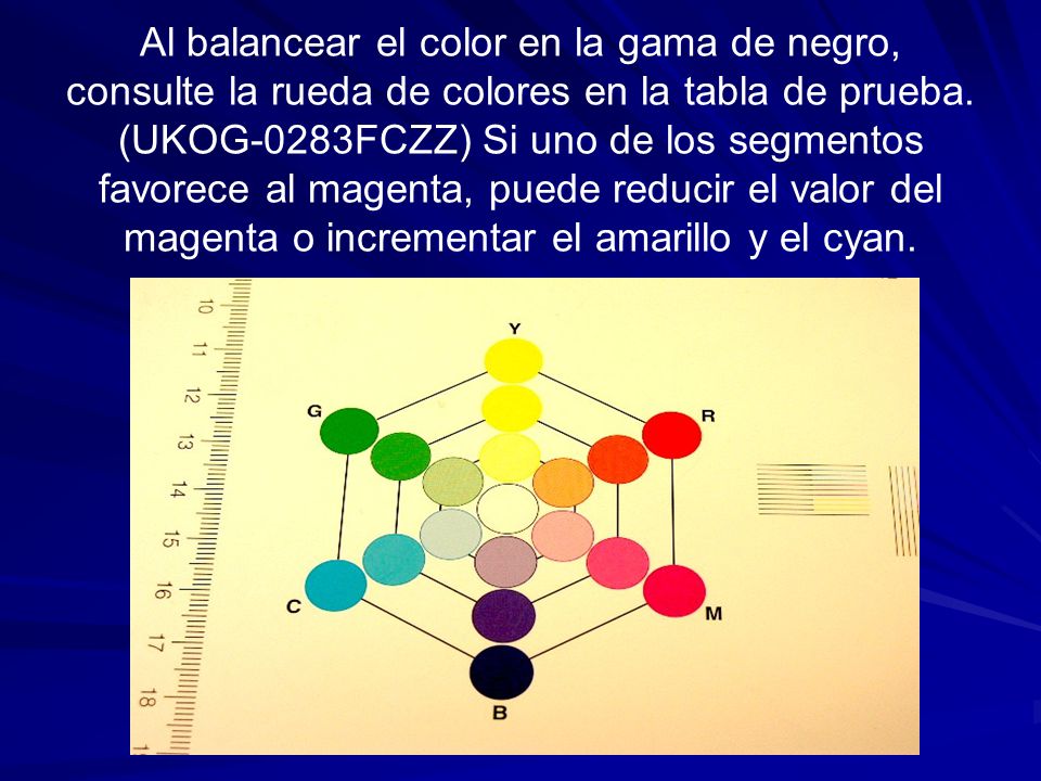 Al balancear el color en la gama de negro, consulte la rueda de colores en la tabla de prueba.