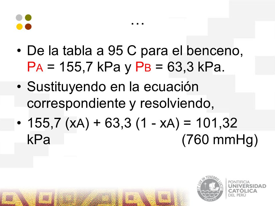… De la tabla a 95 C para el benceno, PA = 155,7 kPa y PB = 63,3 kPa.