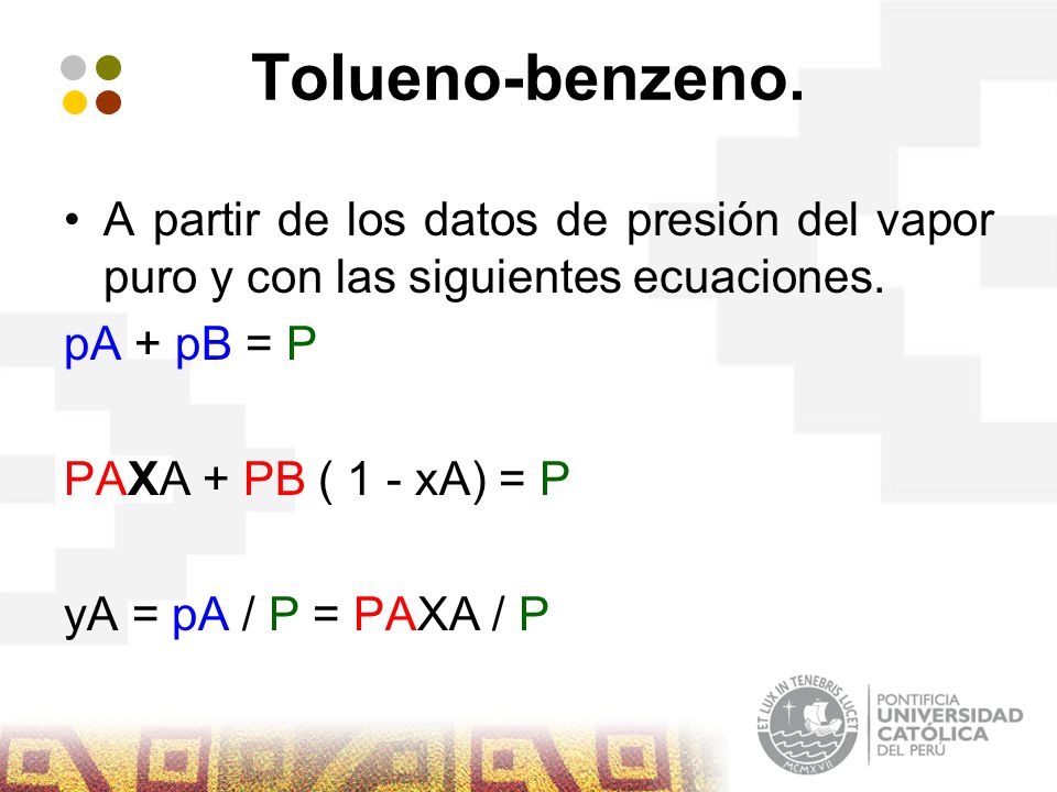 Tolueno-benzeno. A partir de los datos de presión del vapor puro y con las siguientes ecuaciones. pA + pB = P.