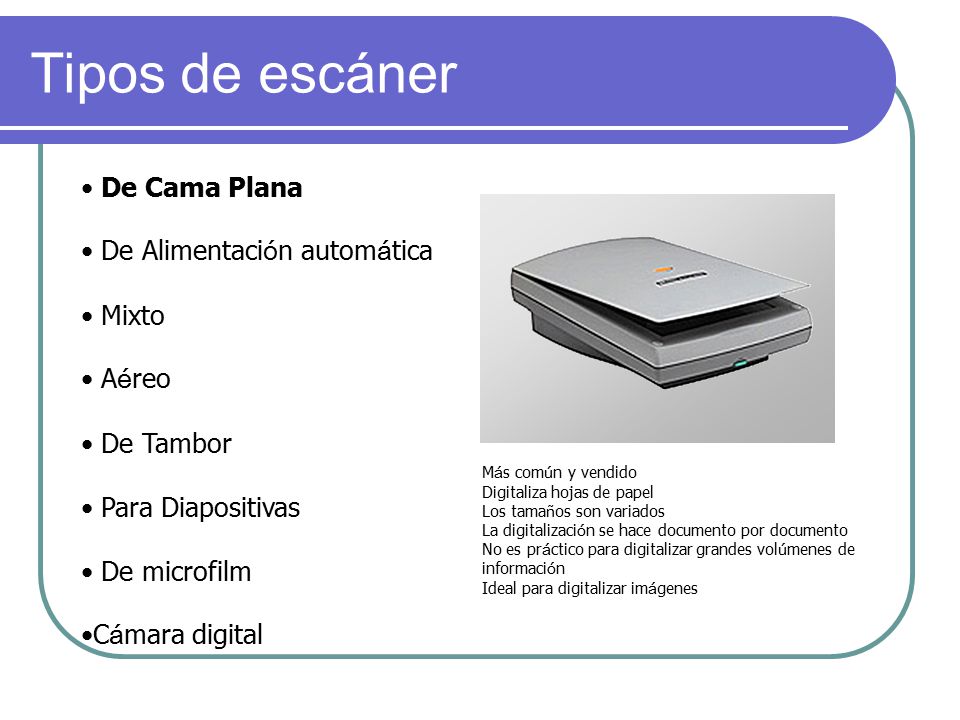 Tipos de escáner De Cama Plana De Alimentación automática Mixto Aéreo