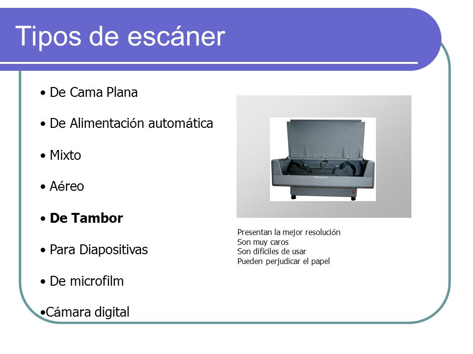 Tipos de escáner De Cama Plana De Alimentación automática Mixto Aéreo
