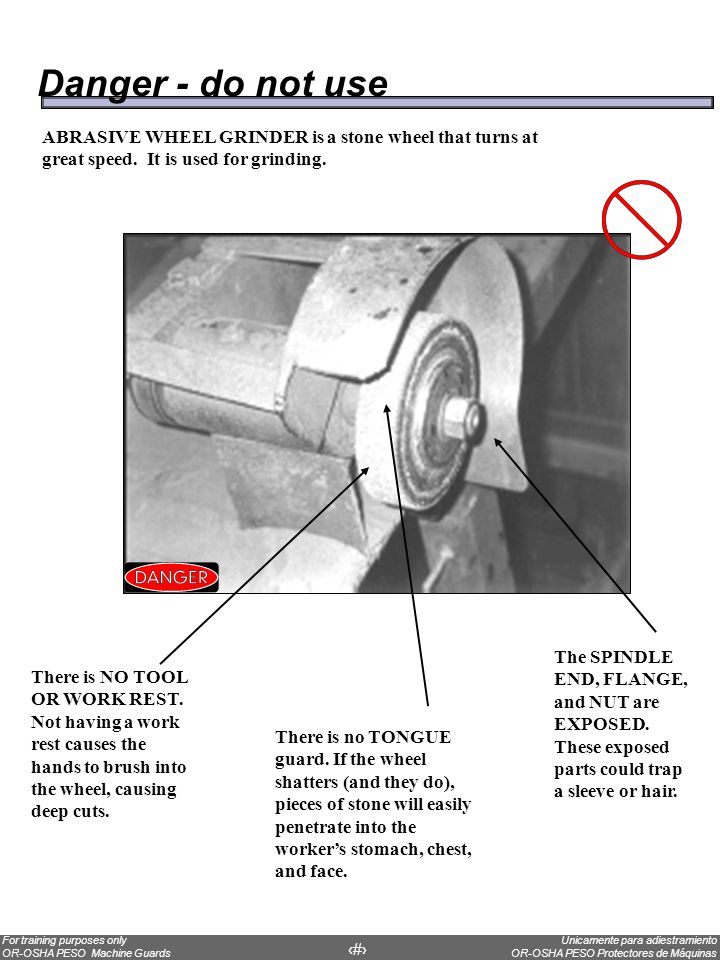 Danger - do not use ABRASIVE WHEEL GRINDER is a stone wheel that turns at great speed. It is used for grinding.