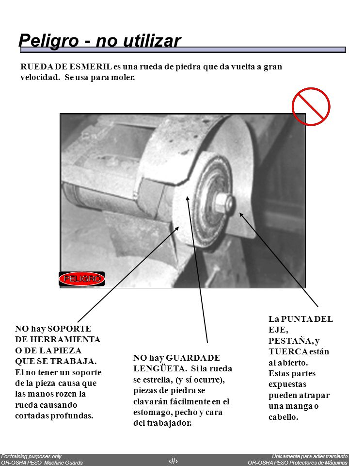 Peligro - no utilizar RUEDA DE ESMERIL es una rueda de piedra que da vuelta a gran velocidad. Se usa para moler.