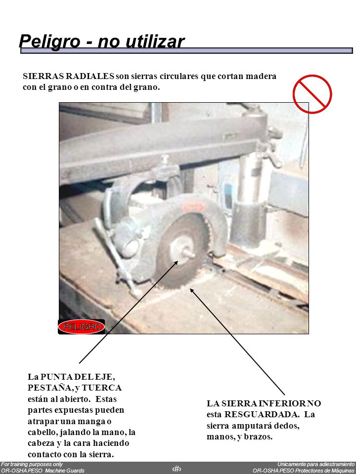 Peligro - no utilizar SIERRAS RADIALES son sierras circulares que cortan madera con el grano o en contra del grano.