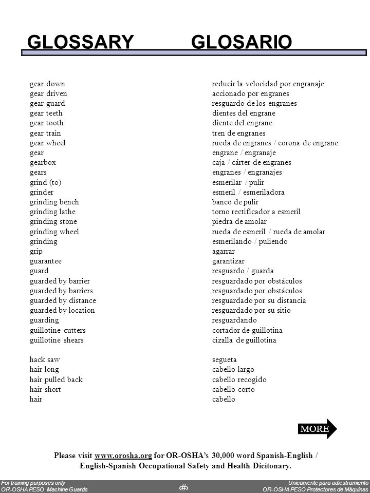GLOSSARY GLOSARIO MORE gear down reducir la velocidad por engranaje