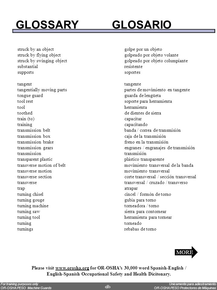 GLOSSARY GLOSARIO MORE struck by an object golpe por un objeto