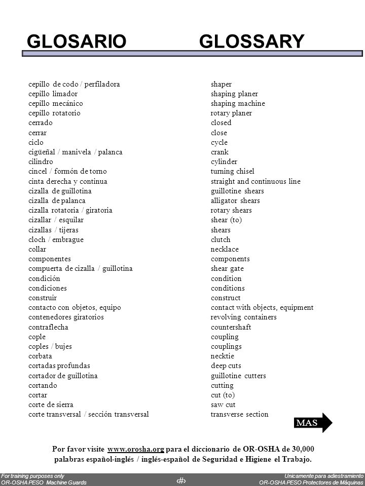 GLOSARIO GLOSSARY MAS cepillo de codo / perfiladora shaper