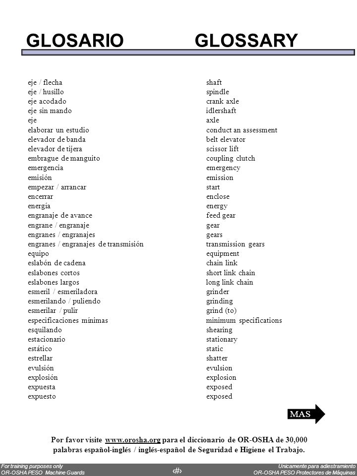 GLOSARIO GLOSSARY MAS eje / flecha shaft eje / husillo spindle