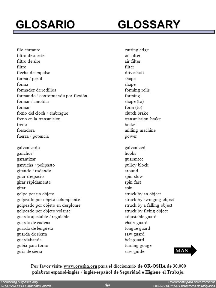 GLOSARIO GLOSSARY MAS filo cortante cutting edge