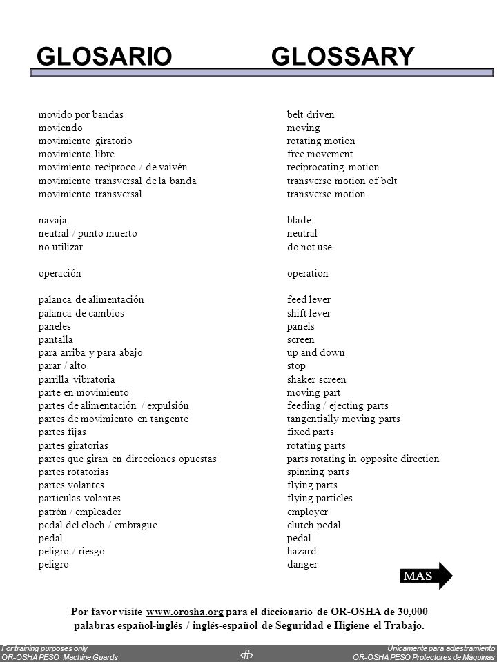 GLOSARIO GLOSSARY MAS movido por bandas belt driven moviendo moving