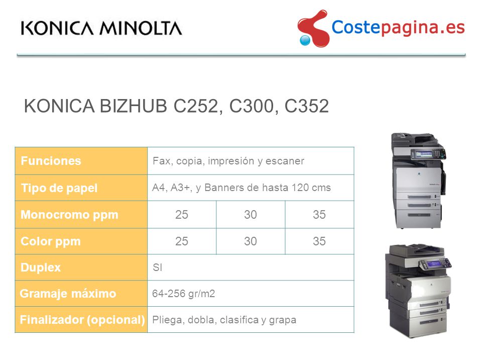 KONICA BIZHUB C252, C300, C352 Funciones Tipo de papel Monocromo ppm