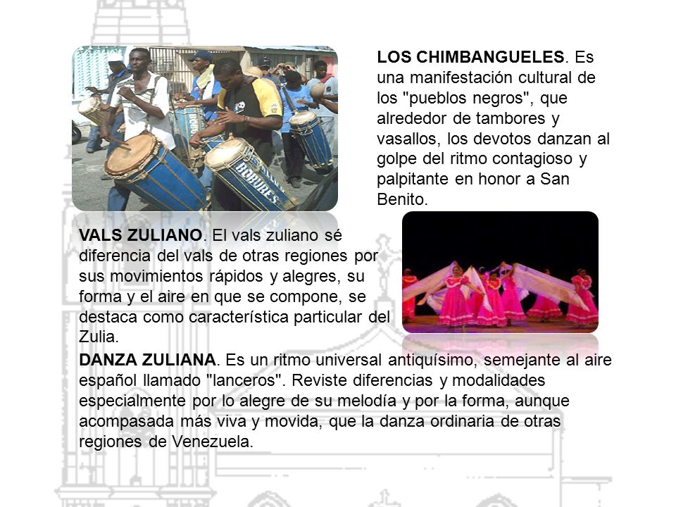 LOS CHIMBANGUELES. Es una manifestación cultural de los pueblos negros , que alrededor de tambores y vasallos, los devotos danzan al golpe del ritmo contagioso y palpitante en honor a San Benito.