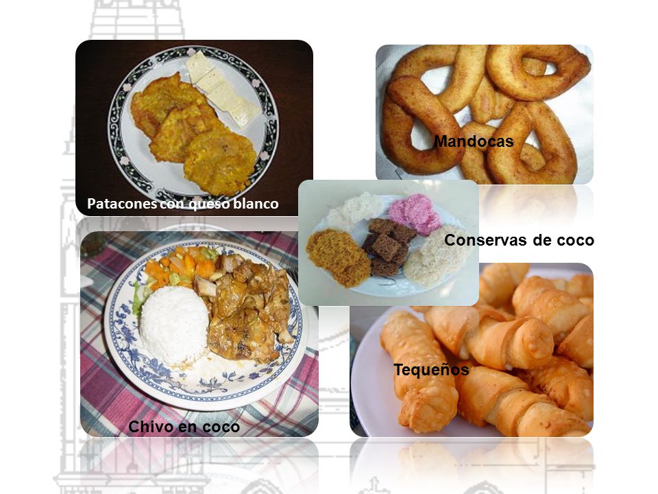 Mandocas Patacones con queso blanco Conservas de coco Tequeños Chivo en coco