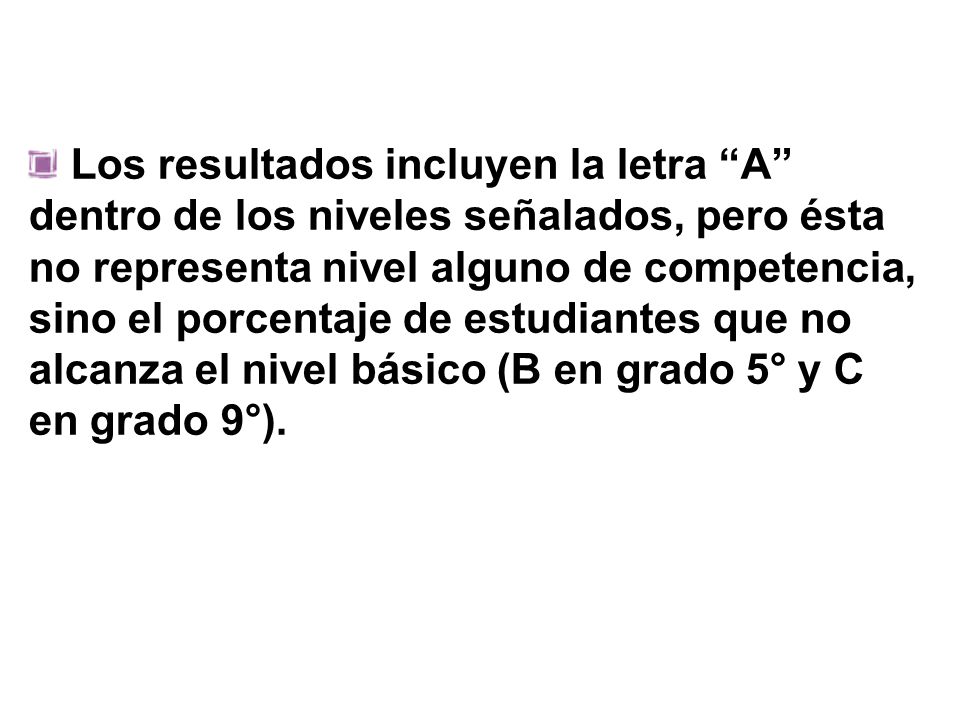 Los resultados incluyen la letra A dentro de los niveles señalados, pero ésta no representa nivel alguno de competencia, sino el porcentaje de estudiantes que no alcanza el nivel básico (B en grado 5° y C en grado 9°).