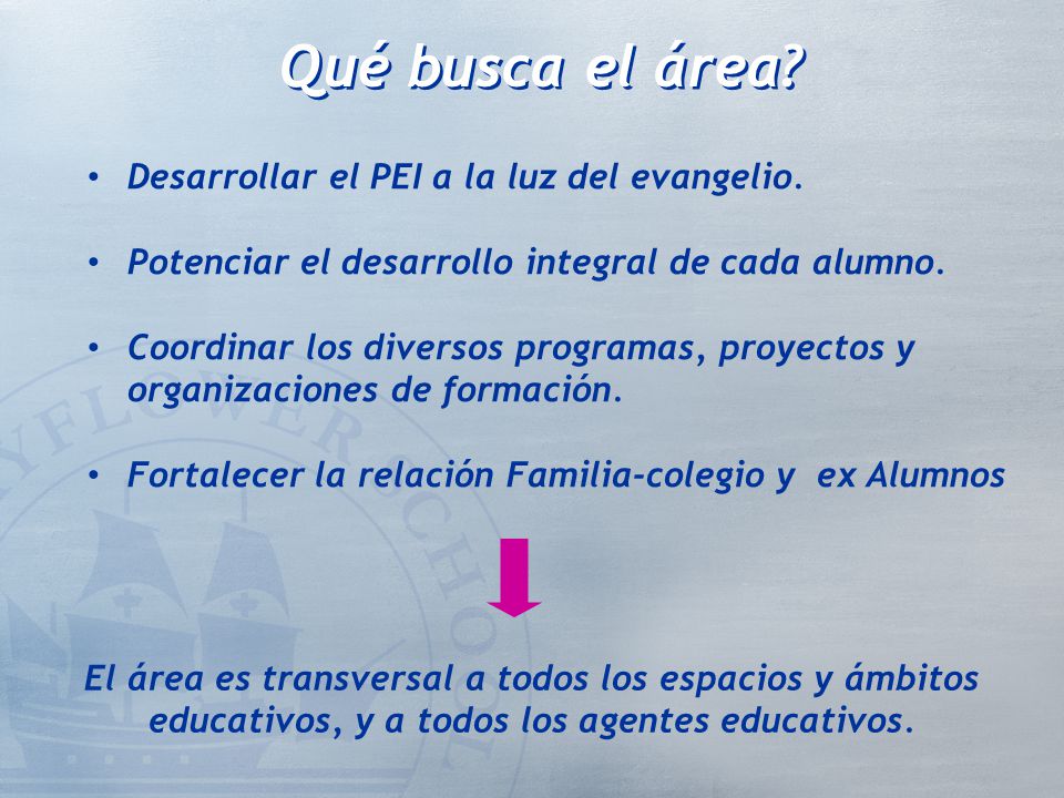 Qué busca el área Desarrollar el PEI a la luz del evangelio.