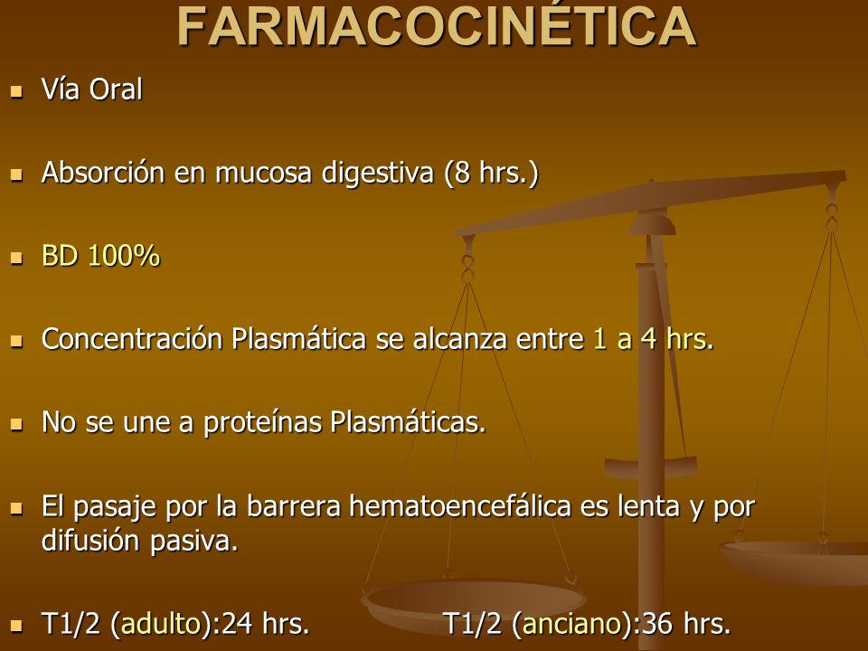 FARMACOCINÉTICA Vía Oral Absorción en mucosa digestiva (8 hrs.)