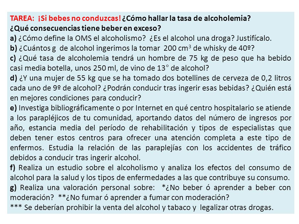 TAREA: ¡Si bebes no conduzcas! ¿Cómo hallar la tasa de alcoholemia