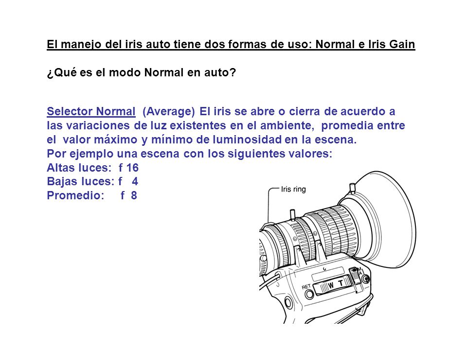 El manejo del iris auto tiene dos formas de uso: Normal e Iris Gain