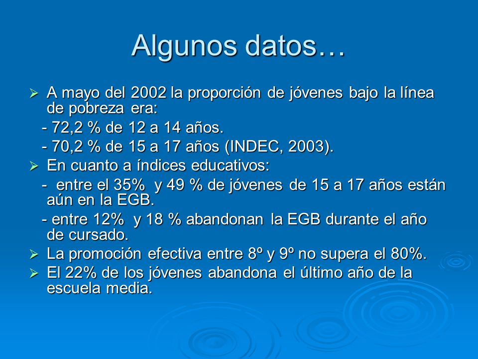 Algunos datos… A mayo del 2002 la proporción de jóvenes bajo la línea de pobreza era: - 72,2 % de 12 a 14 años.