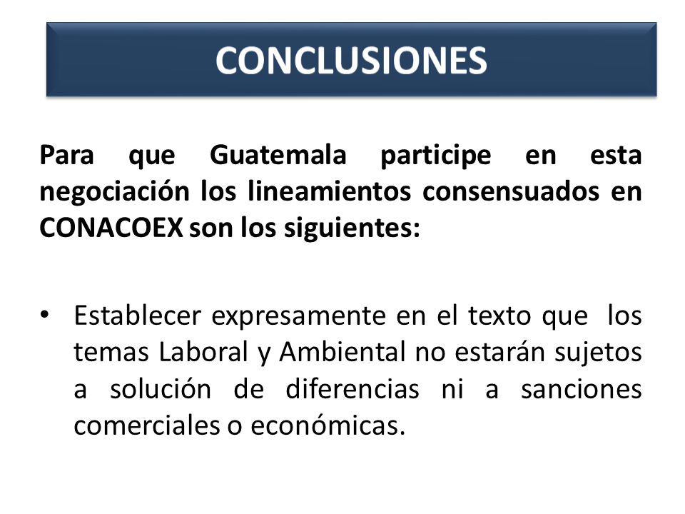 CONCLUSIONES Para que Guatemala participe en esta negociación los lineamientos consensuados en CONACOEX son los siguientes:
