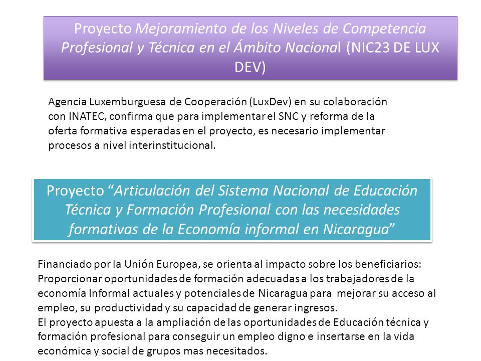 Proyecto Mejoramiento de los Niveles de Competencia Profesional y Técnica en el Ámbito Nacional (NIC23 DE LUX DEV)