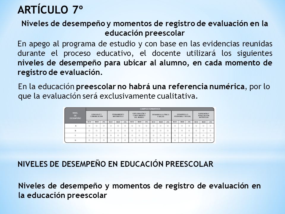 ARTÍCULO 7º Niveles de desempeño y momentos de registro de evaluación en la educación preescolar.