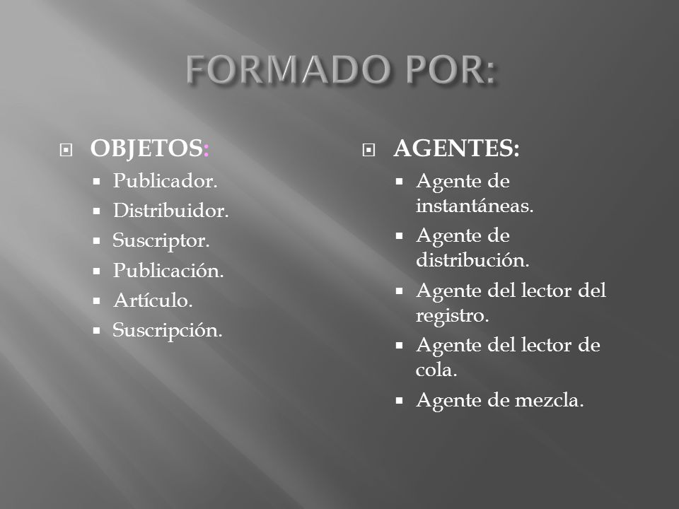 FORMADO POR: OBJETOS: AGENTES: Publicador. Distribuidor. Suscriptor.