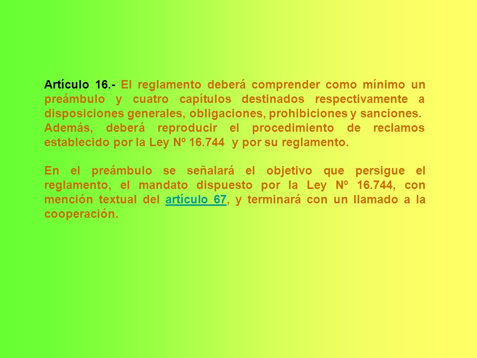 Artículo 16.- El reglamento deberá comprender como mínimo un preámbulo y cuatro capítulos destinados respectivamente a disposiciones generales, obligaciones, prohibiciones y sanciones.