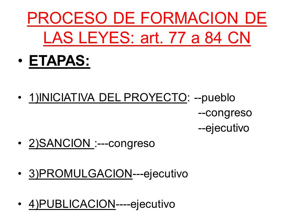 PROCESO DE FORMACION DE LAS LEYES: art. 77 a 84 CN