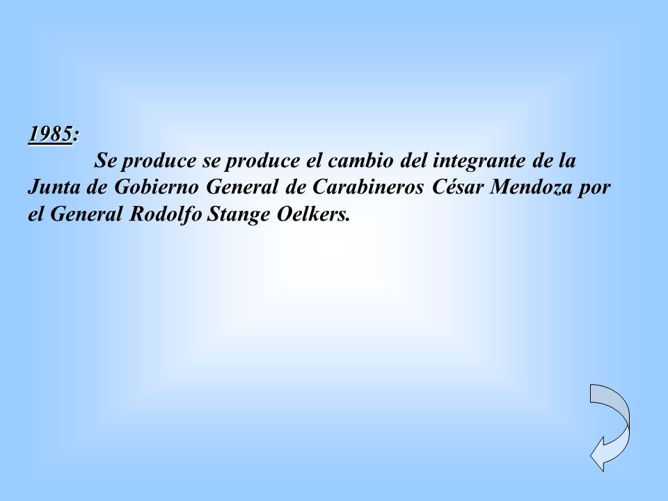 1985: Se produce se produce el cambio del integrante de la. Junta de Gobierno General de Carabineros César Mendoza por.
