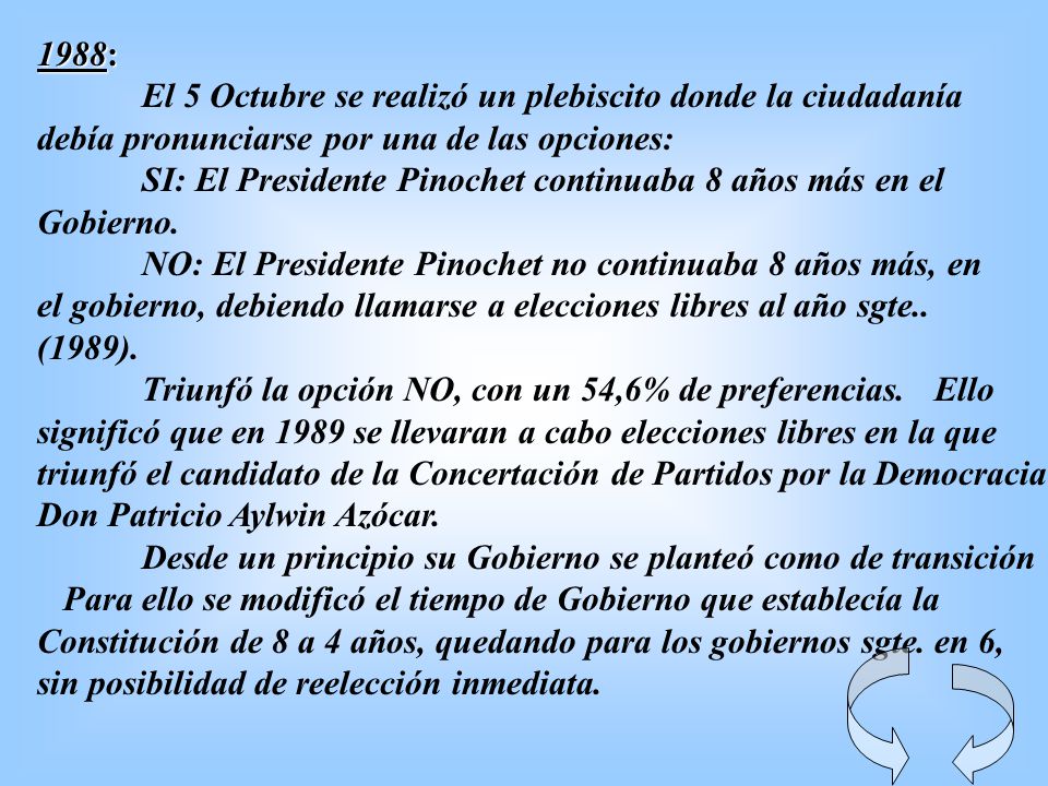 1988: El 5 Octubre se realizó un plebiscito donde la ciudadanía. debía pronunciarse por una de las opciones: