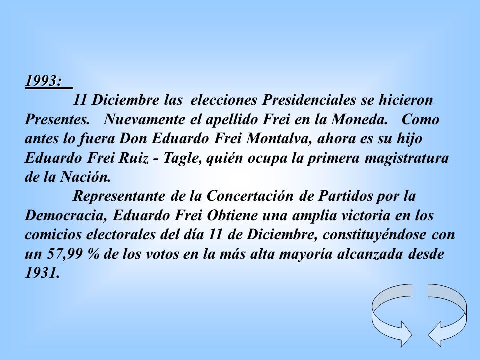 1993: 11 Diciembre las elecciones Presidenciales se hicieron. Presentes. Nuevamente el apellido Frei en la Moneda. Como.