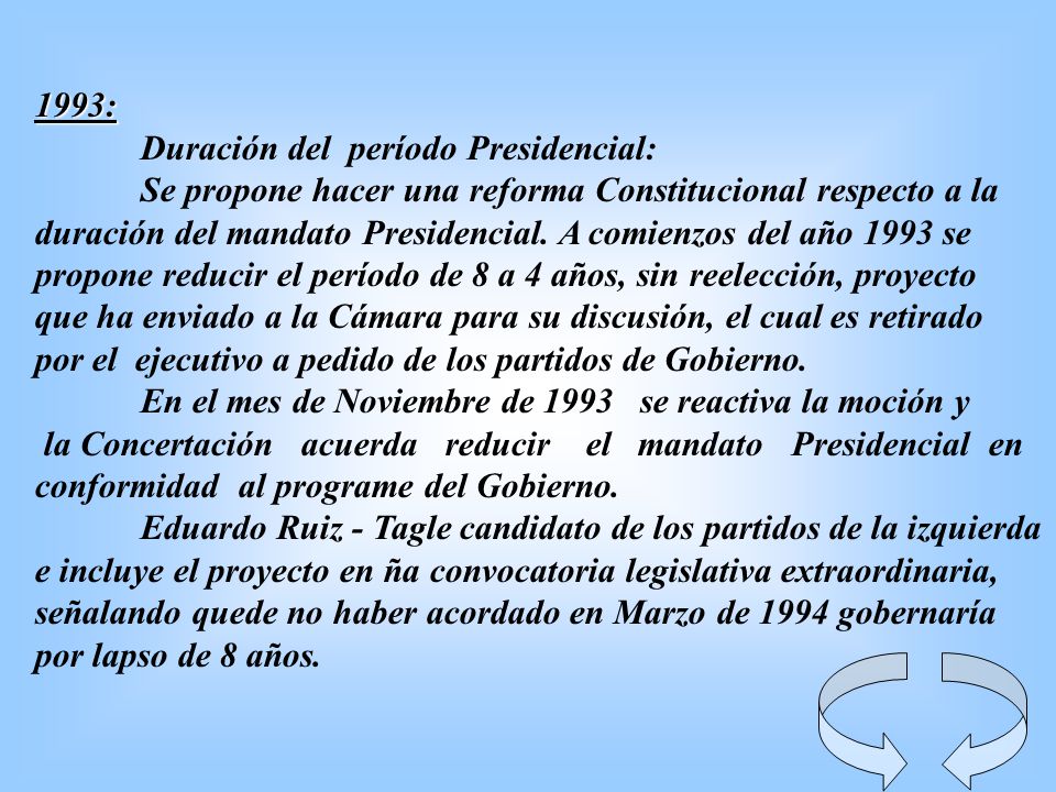 1993: Duración del período Presidencial: Se propone hacer una reforma Constitucional respecto a la.