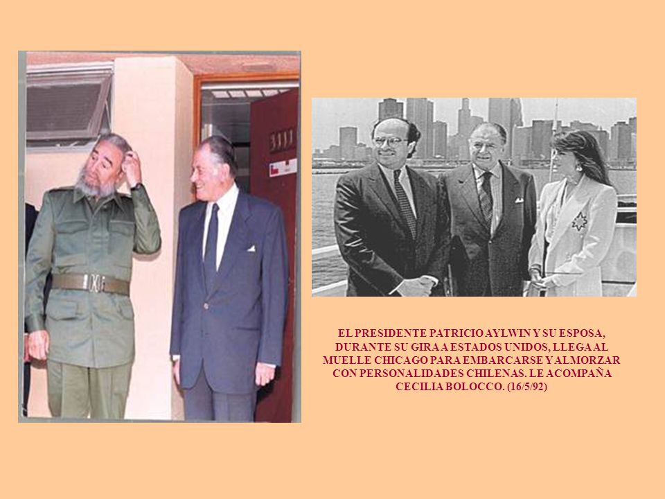 EL PRESIDENTE PATRICIO AYLWIN Y SU ESPOSA, DURANTE SU GIRA A ESTADOS UNIDOS, LLEGA AL MUELLE CHICAGO PARA EMBARCARSE Y ALMORZAR CON PERSONALIDADES CHILENAS.