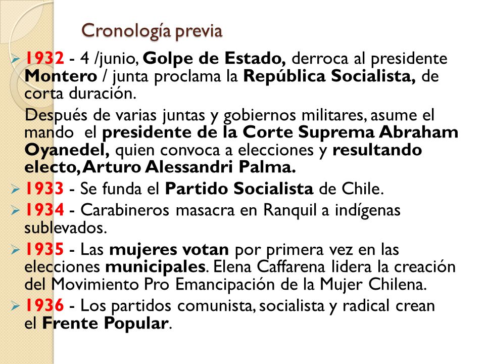 Cronología previa /junio, Golpe de Estado, derroca al presidente Montero / junta proclama la República Socialista, de corta duración.