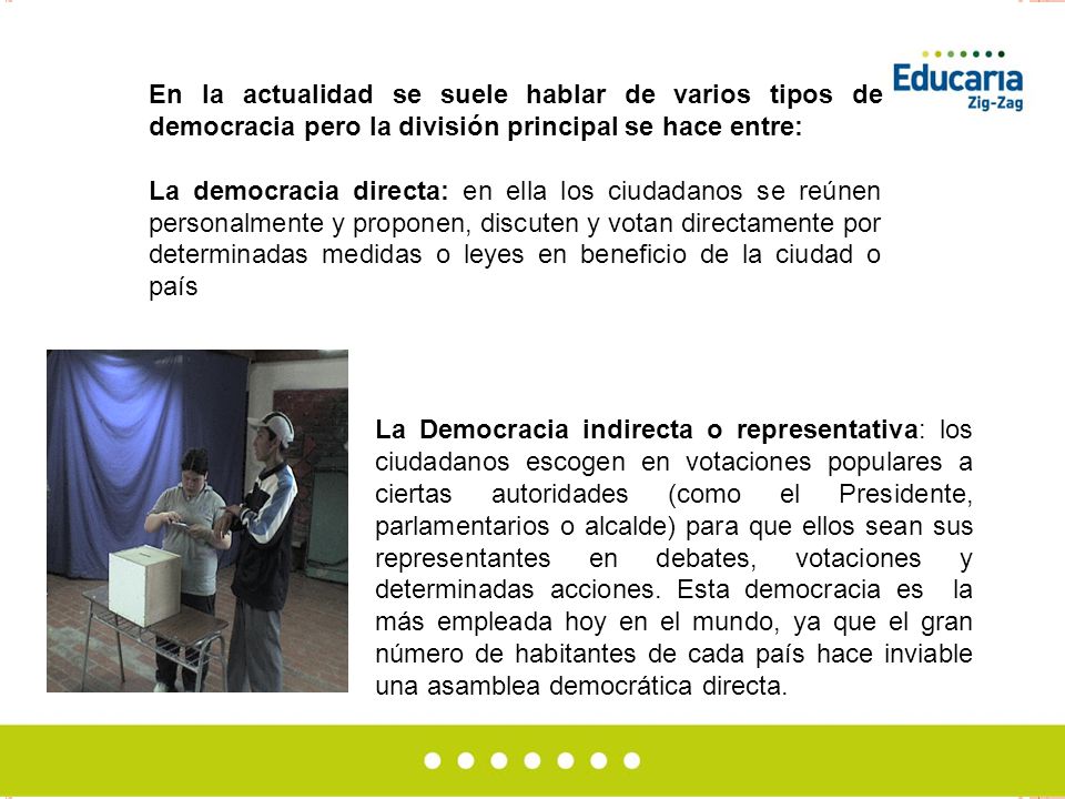 En la actualidad se suele hablar de varios tipos de democracia pero la división principal se hace entre: