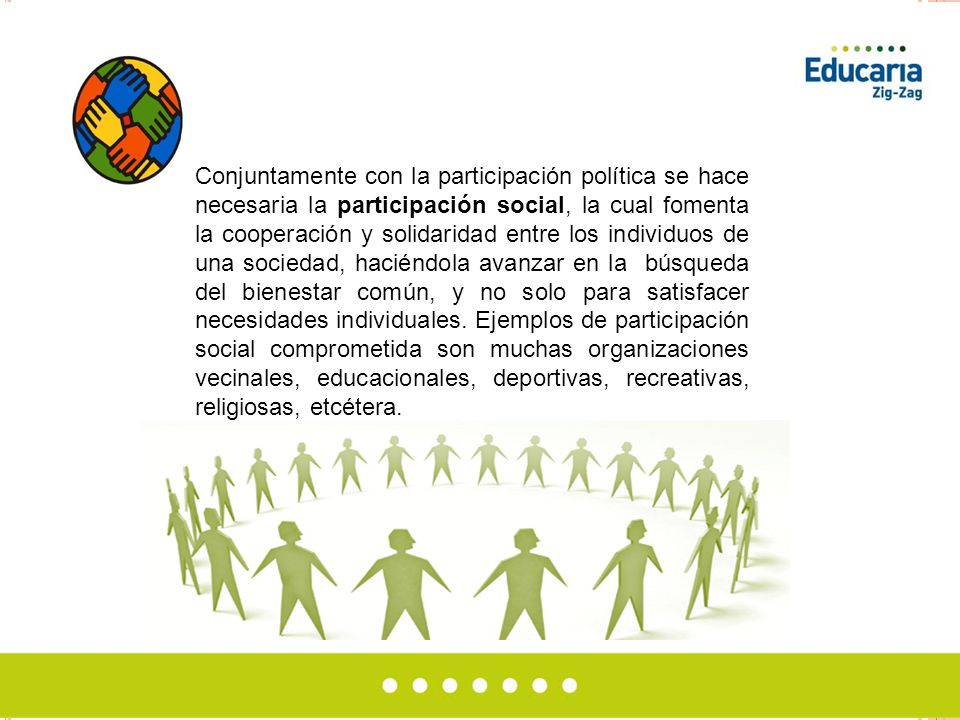 Conjuntamente con la participación política se hace necesaria la participación social, la cual fomenta la cooperación y solidaridad entre los individuos de una sociedad, haciéndola avanzar en la búsqueda del bienestar común, y no solo para satisfacer necesidades individuales.