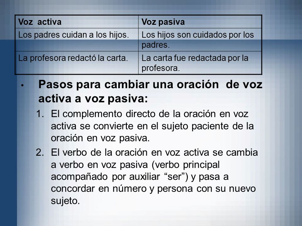 Pasos para cambiar una oración de voz activa a voz pasiva:
