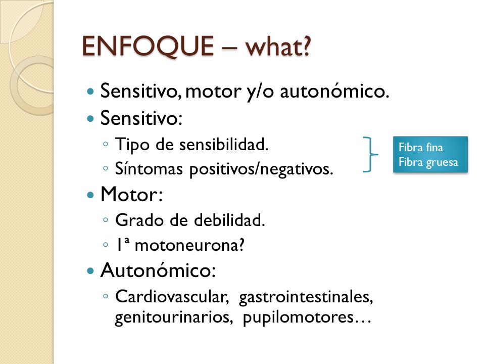 ENFOQUE – what Sensitivo, motor y/o autonómico. Sensitivo: Motor: