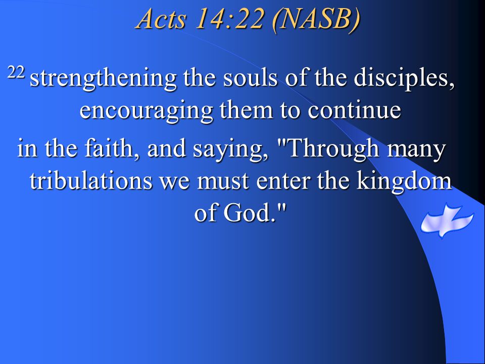 Acts 14:22 (NASB) 22 strengthening the souls of the disciples, encouraging them to continue.