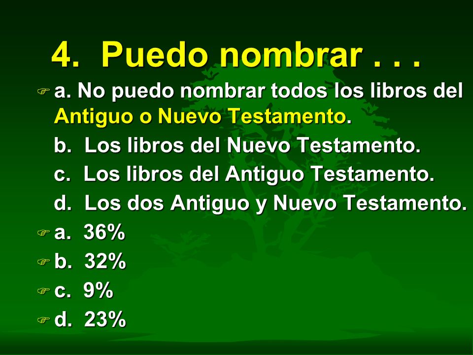 4. Puedo nombrar a. No puedo nombrar todos los libros del Antiguo o Nuevo Testamento. b. Los libros del Nuevo Testamento.