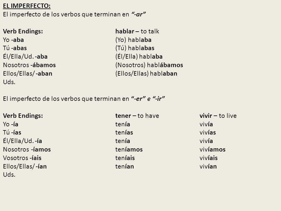 EL IMPERFECTO: El imperfecto de los verbos que terminan en -ar Verb Endings: hablar – to talk.