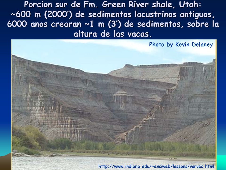 Porcion sur de Fm. Green River shale, Utah: ~600 m (2000’) de sedimentos lacustrinos antiguos, 6000 anos crearan ~1 m (3’) de sedimentos, sobre la altura de las vacas.