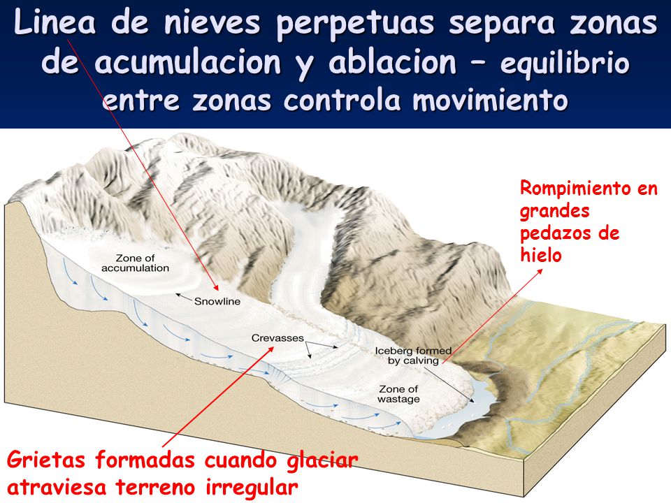 Linea de nieves perpetuas separa zonas de acumulacion y ablacion – equilibrio entre zonas controla movimiento