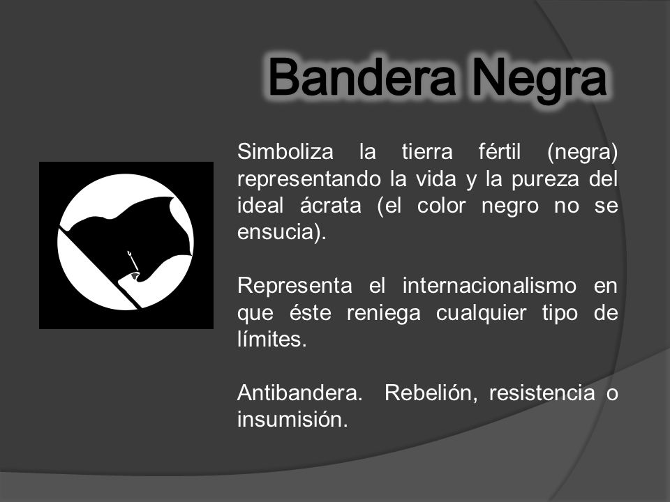 Bandera Negra Simboliza la tierra fértil (negra) representando la vida y la pureza del ideal ácrata (el color negro no se ensucia).
