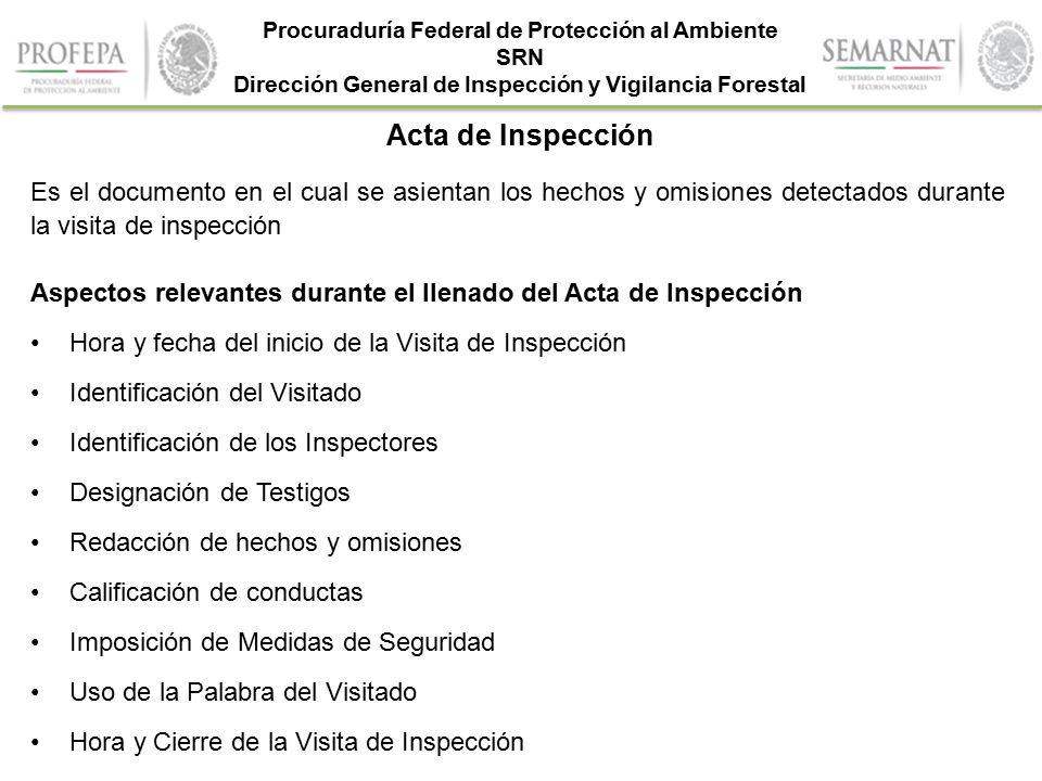 Acta de Inspección Es el documento en el cual se asientan los hechos y omisiones detectados durante la visita de inspección.