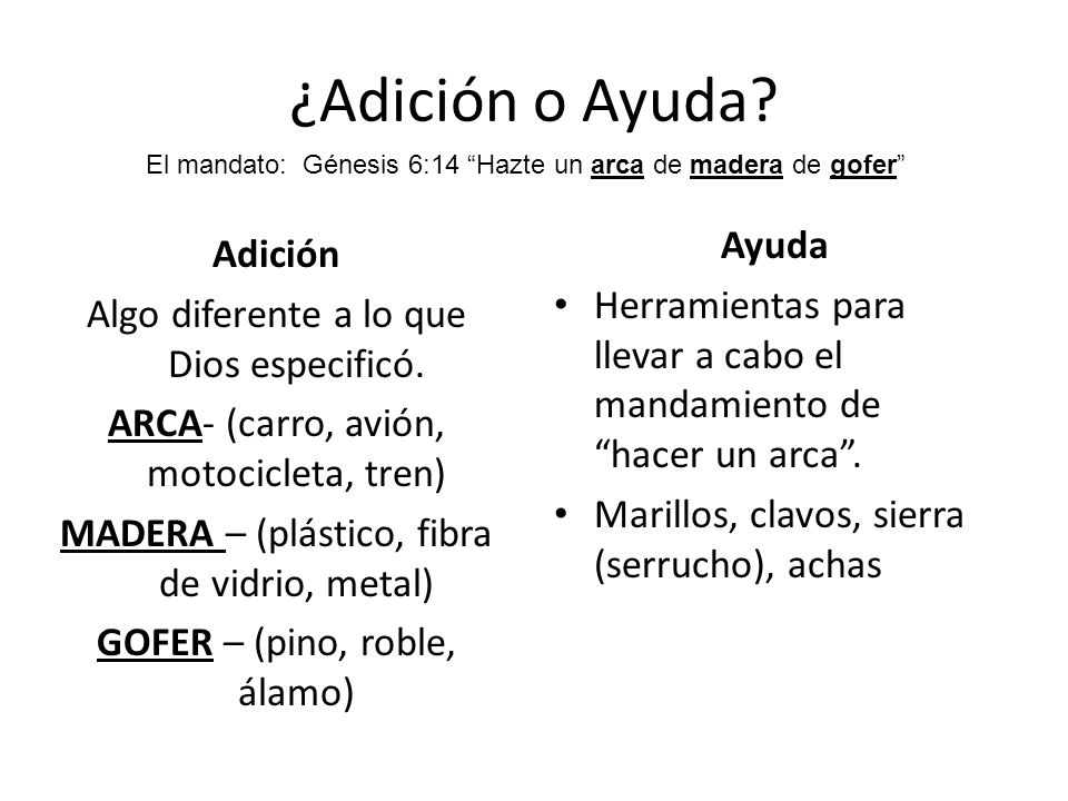 El mandato: Génesis 6:14 Hazte un arca de madera de gofer