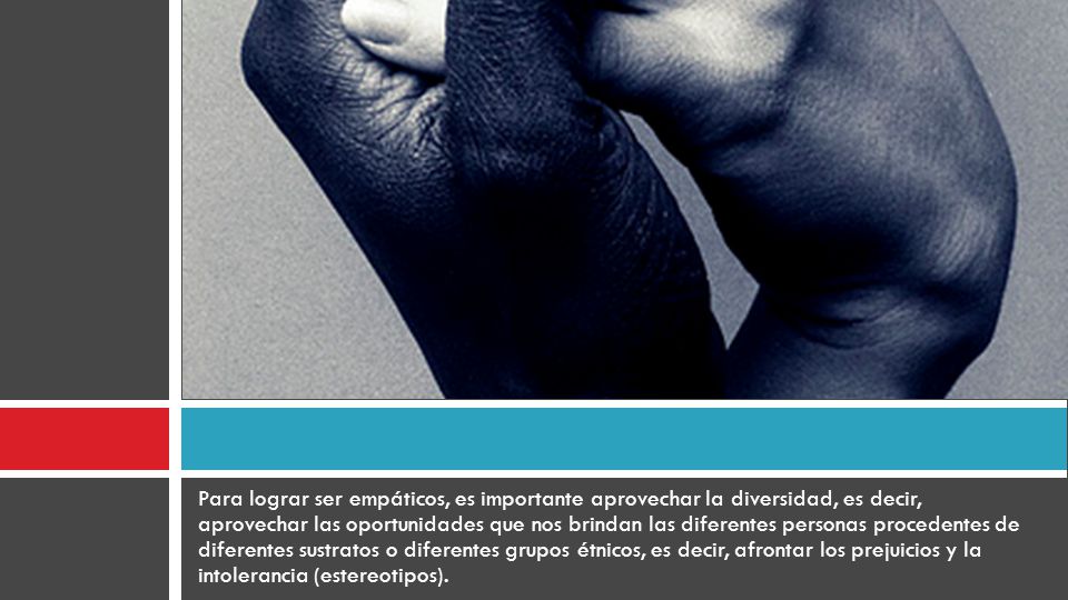 Para lograr ser empáticos, es importante aprovechar la diversidad, es decir, aprovechar las oportunidades que nos brindan las diferentes personas procedentes de diferentes sustratos o diferentes grupos étnicos, es decir, afrontar los prejuicios y la intolerancia (estereotipos).