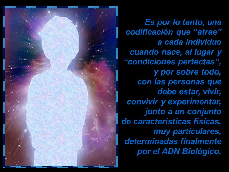 Es por lo tanto, una codificación que atrae a cada individuo cuando nace, al lugar y condiciones perfectas , y por sobre todo, con las personas que debe estar, vivir, convivir y experimentar, junto a un conjunto