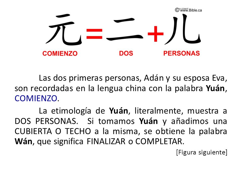 Las dos primeras personas, Adán y su esposa Eva, son recordadas en la lengua china con la palabra Yuán, COMIENZO.